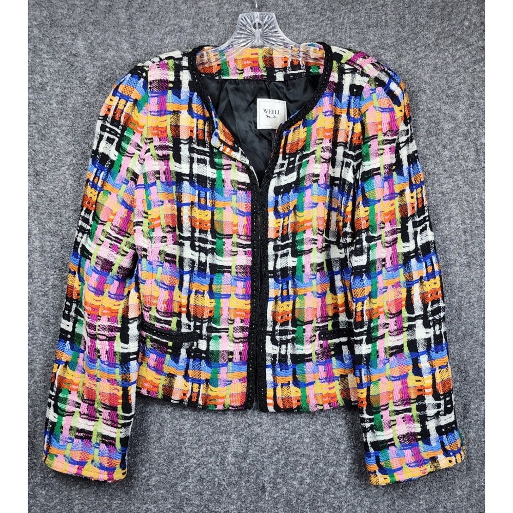 Weill Jacket Women 14 Multicolor Wool Blend Tweed Lace Trim Zip Front Blazer
